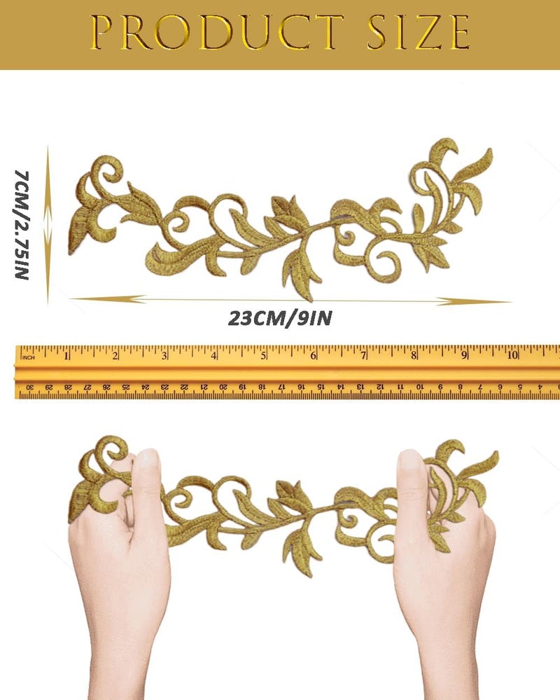 MSCFTFB 6 Pieces Metallic Leaves Embroidered Iron on Patch Flower Vine Border Lace Applique Long Scroll Motif for Dress Pillow Sewing Accessories Embellishment (Gold) - Image 1